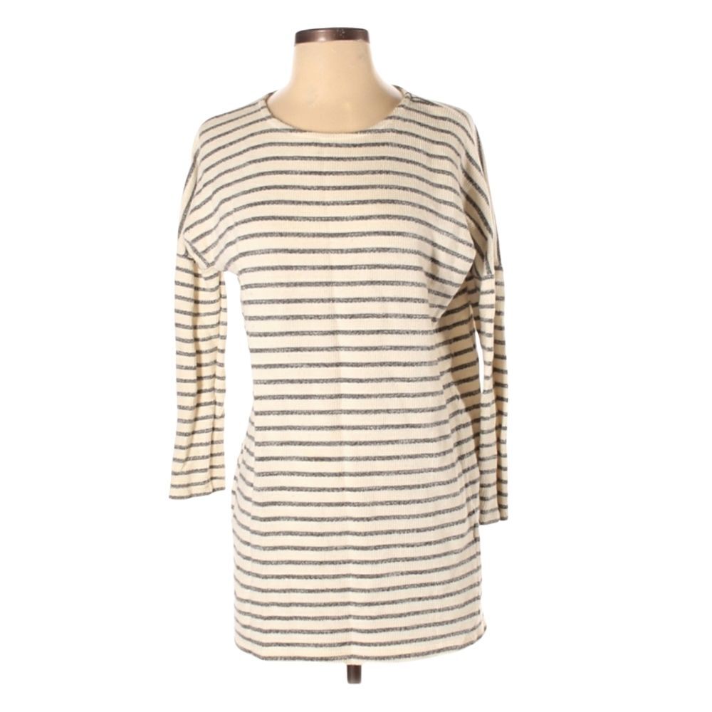 Zara Pullover Top Tunic Size S Ivory Gray Stripes 3/4 Sleeves Knit Drop Shoulder